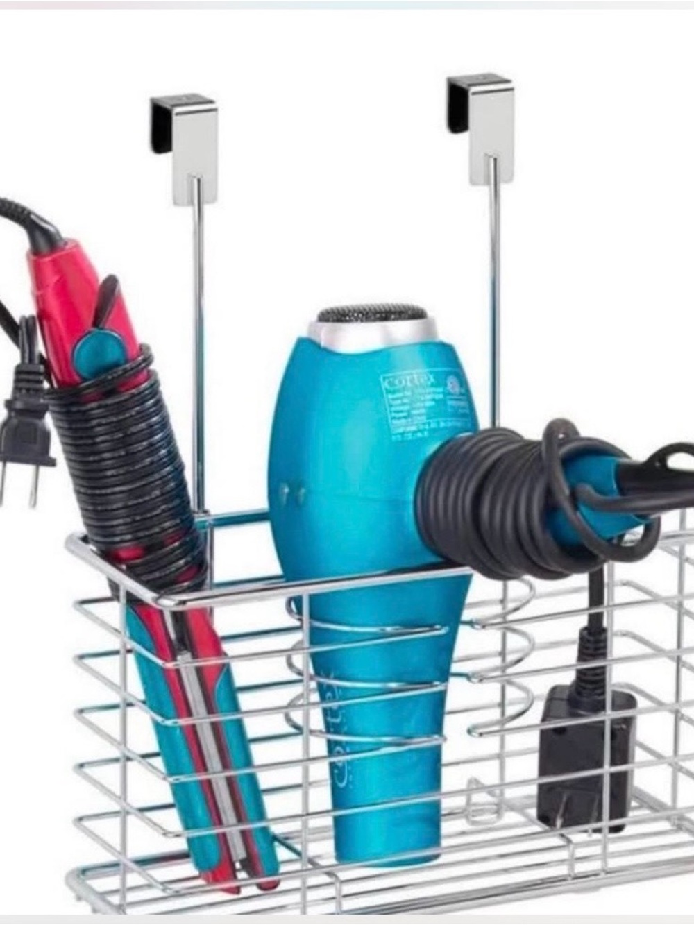 Steel Over Cabinet Hair Dryer & Straightener Holder Rack Organizer. Chrome.